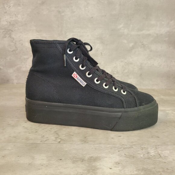 Superga Shoes Womens Size 8 Black High Top Canvas Platform Casual Sneakers Italy - Picture 3 of 8